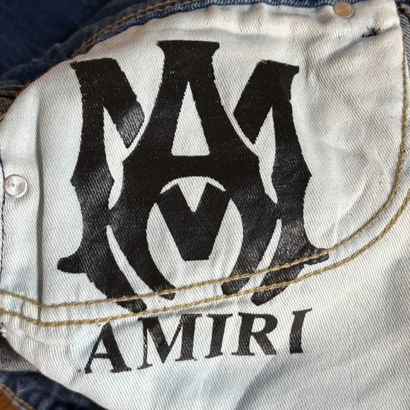 Amiri Blue Jeans Men’s Size 34 HEMMED Embroidered Zipper Fly Distressed Straight